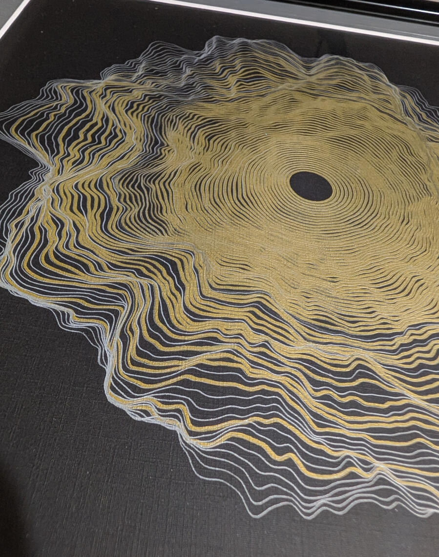 Gold + silver inks in a 'noisy circle' pattern. 12x12 frame.